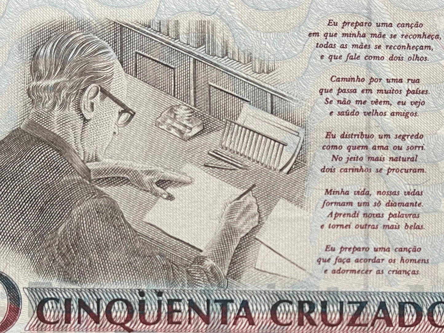Poet Carlos Drummond de Andrade 50 Cruzieros Brazil Authentic Banknote Money for Jewelry and Craft Making (Writing Desk) (Poetry) (1990)