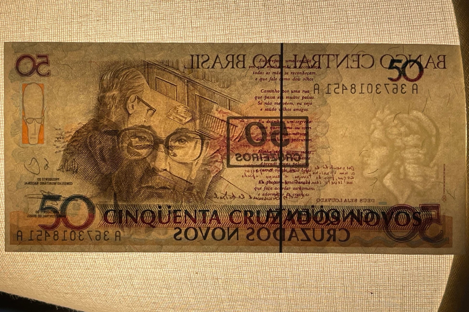 Poet Carlos Drummond de Andrade 50 Cruzieros Brazil Authentic Banknote Money for Jewelry and Craft Making (Writing Desk) (Poetry) (1990)