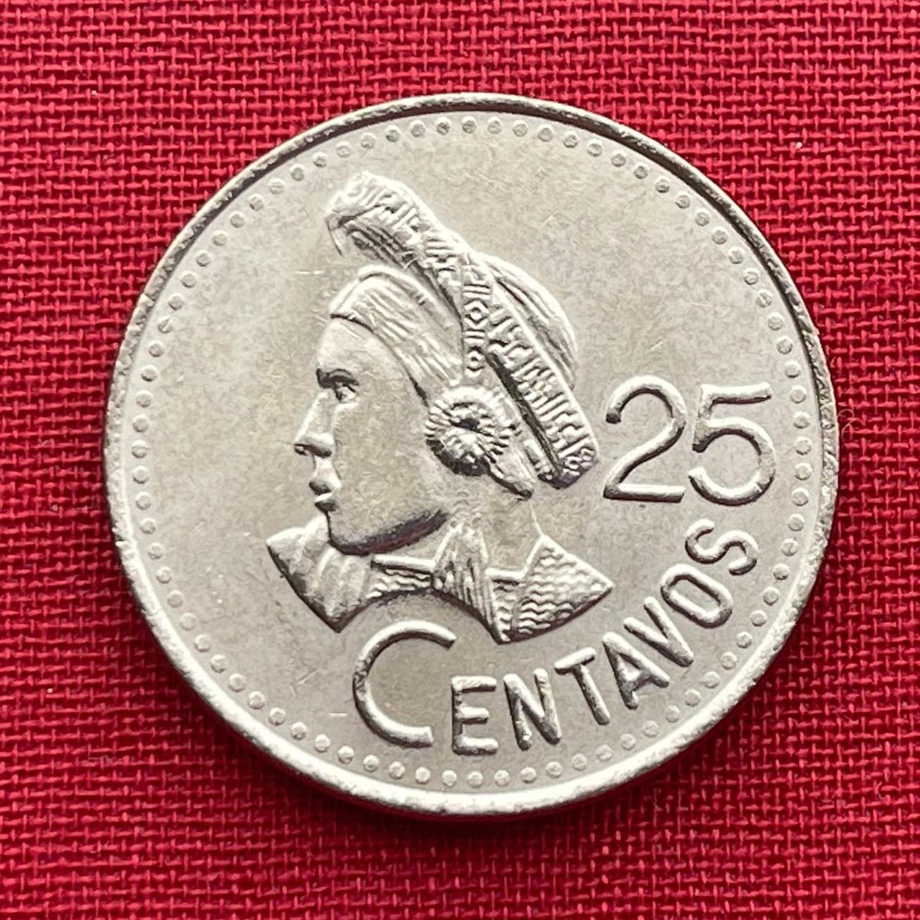 Activist Concepción Ramírez with Xk'op Tocoyal Headdress 25 Centavos Guatemala Authentic Coin Money for Jewelry (Choca) (Atitlan) (Maya)