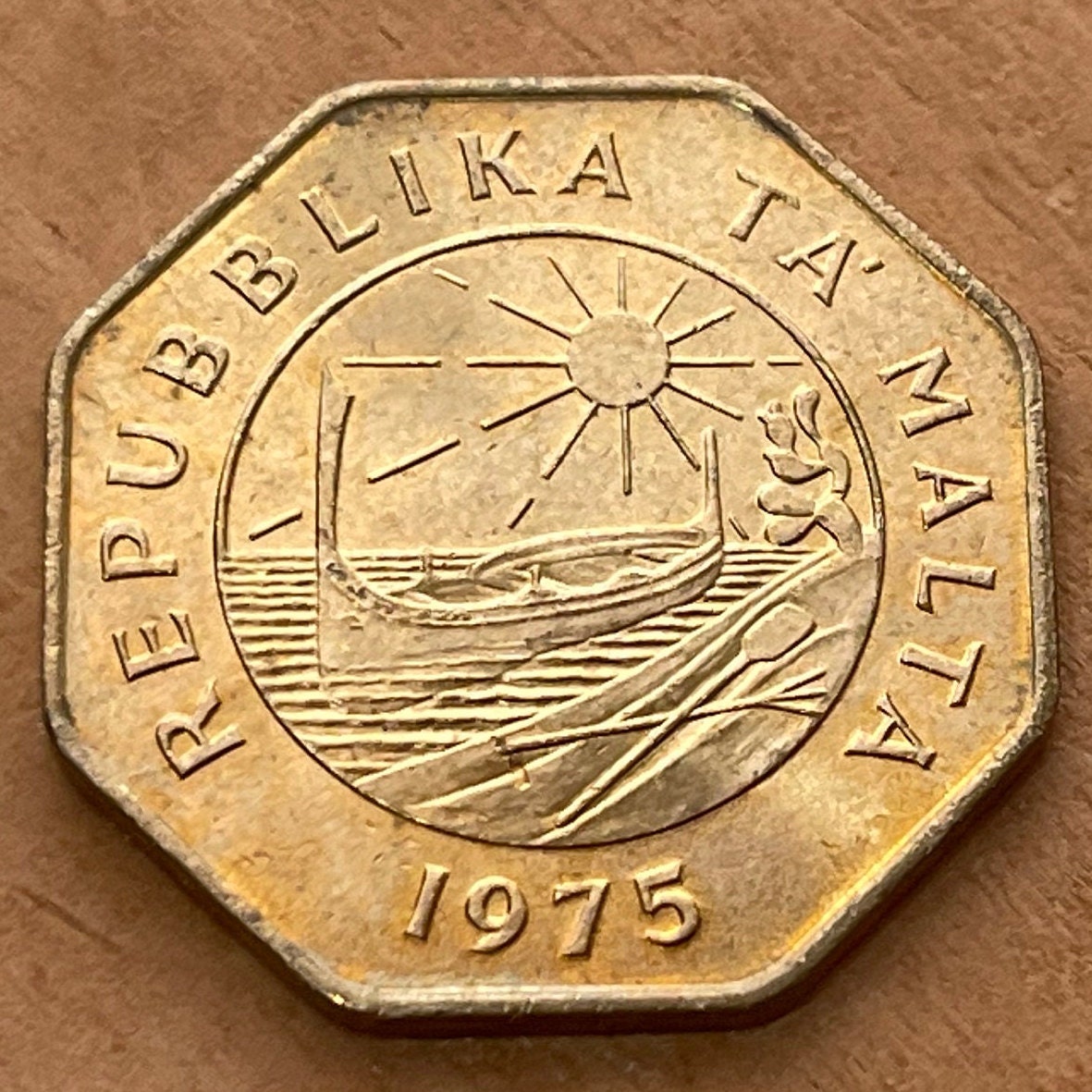 Luzzu Boat 25 Cents Malta Authentic Coin Money for Jewelry and Craft Making (1975) (Rising Sun) Octagonal (8-sided)