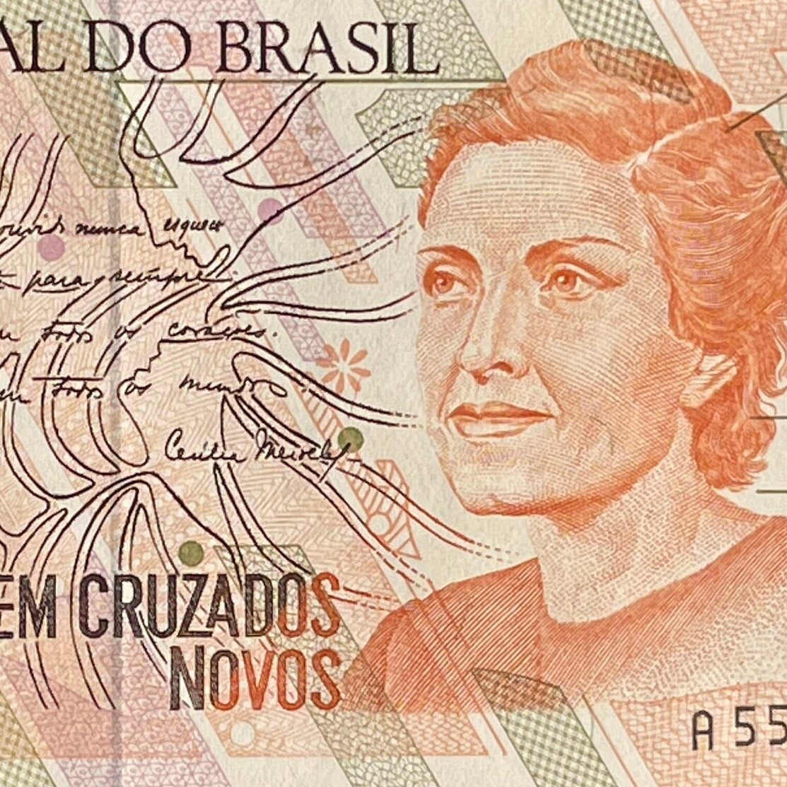 Poet Cecília Meireles 100 Cruzados Novos Brazil Authentic Banknote Money for Jewelry Crafts and Collage (Teacher) (Education Reform)