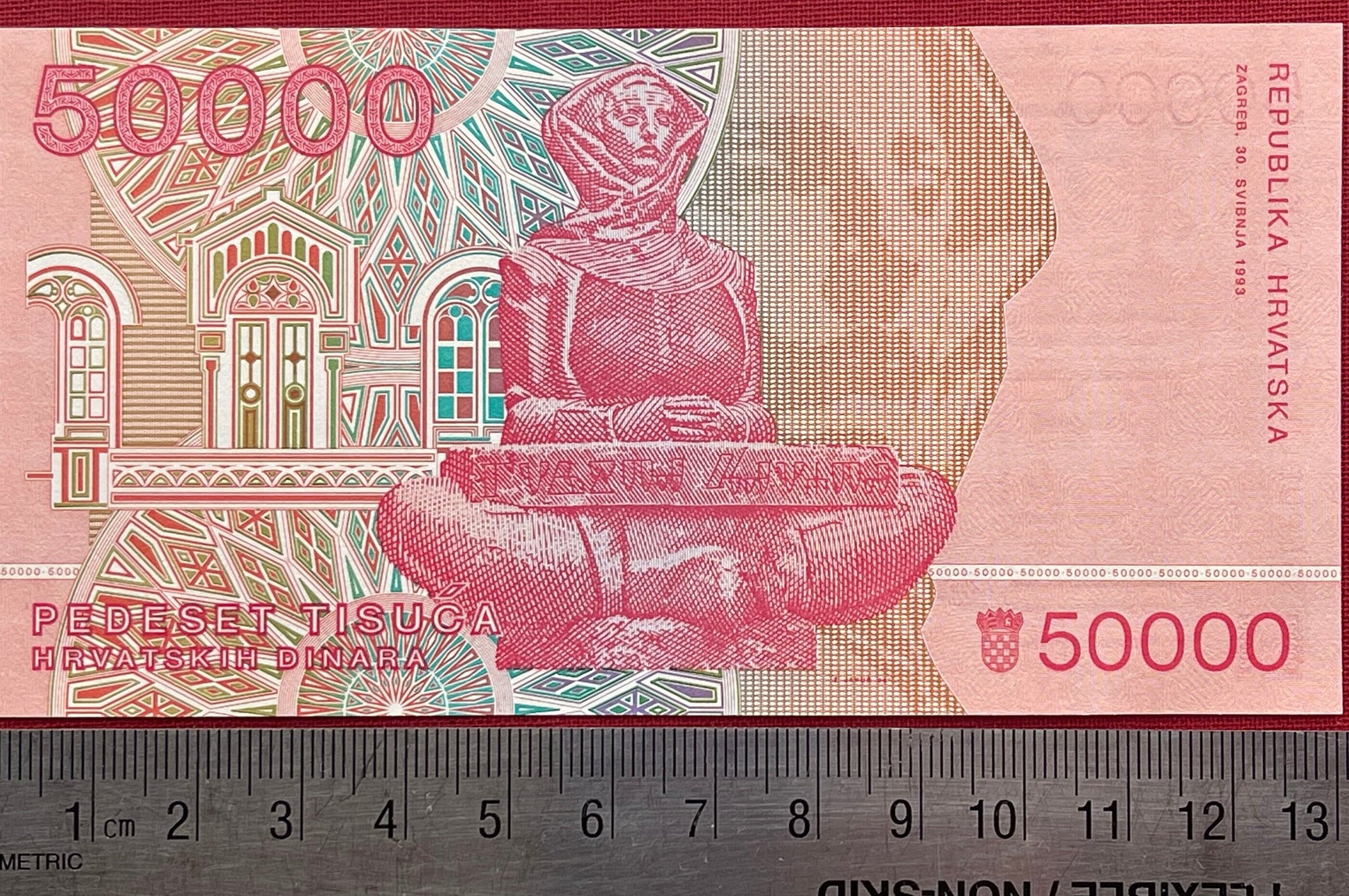 Mother Croatia  with History Book & Roger Boscovich 50,000 Dinara Croatia Authentic Banknote Money for Jewelry and Collage (Baptismal Font)