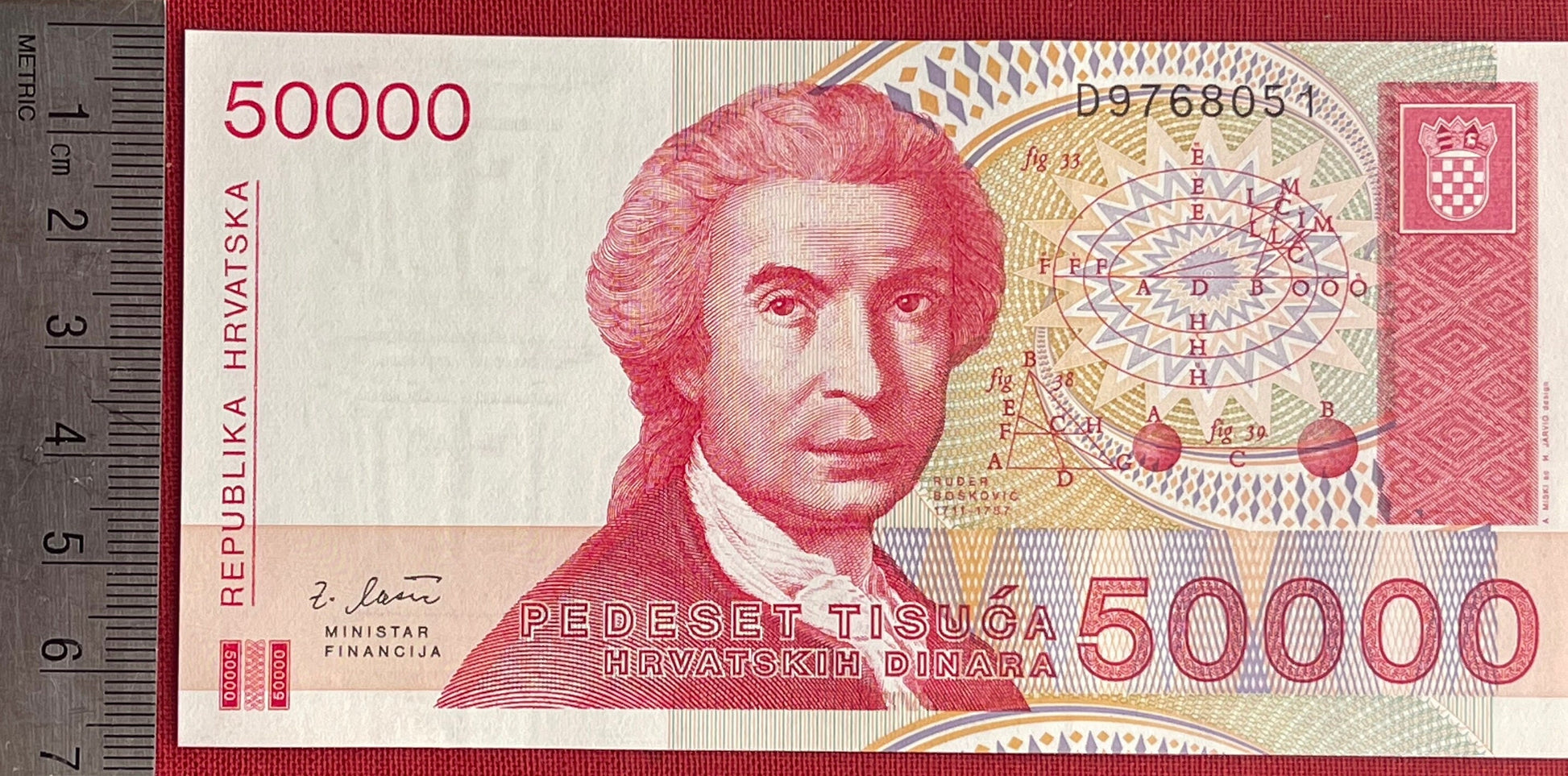 Scientist Priest Roger Boscovich & Mother Croatia 50,000 Dinara Croatia Authentic Banknote Money for Jewelry and Collage (Baptismal Font)