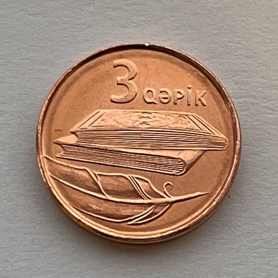 Books and Quill Pen 3 Qapik Azerbaijan Authentic Coin Money for Jewelry and Craft Making (Map of Azerbaijan)