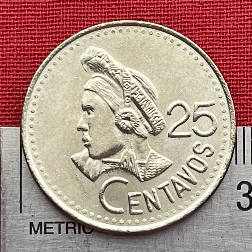 Activist Concepción Ramírez with Xk'op Tocoyal Headdress 25 Centavos Guatemala Authentic Coin Money for Jewelry (Choca) (Atitlan) (Maya)