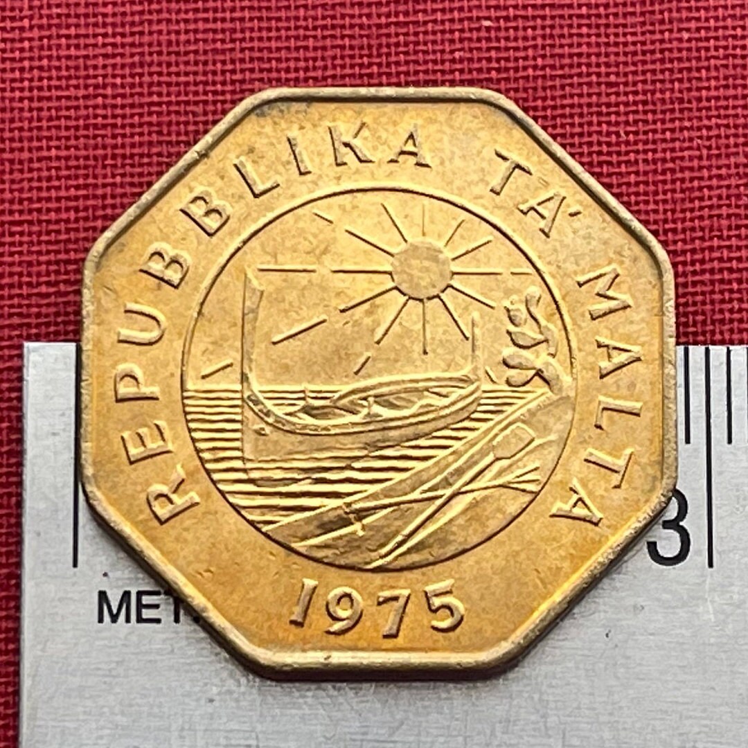 Luzzu Boat 25 Cents Malta Authentic Coin Money for Jewelry and Craft Making (1975) (Rising Sun) Octagonal (8-sided)