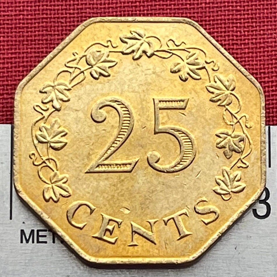 Luzzu Boat 25 Cents Malta Authentic Coin Money for Jewelry and Craft Making (1975) (Rising Sun) Octagonal (8-sided)