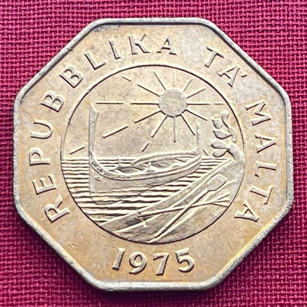 Luzzu Boat 25 Cents Malta Authentic Coin Money for Jewelry and Craft Making (1975) (Rising Sun) Octagonal (8-sided)