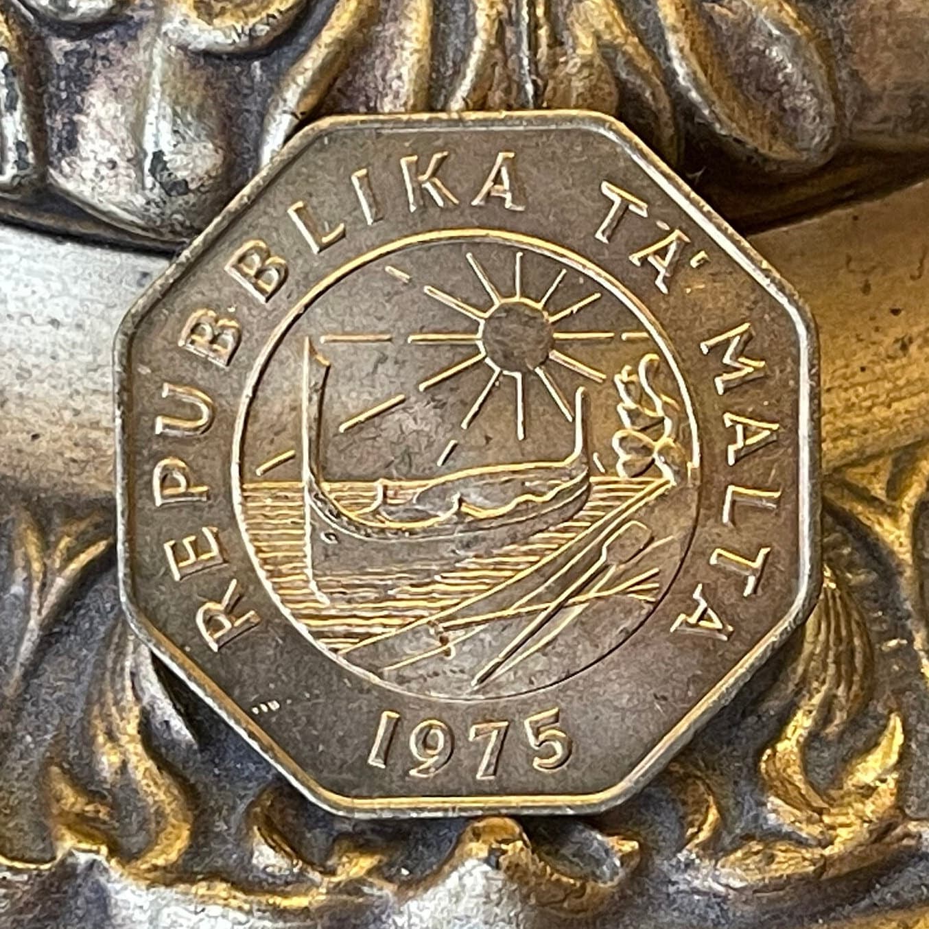 Luzzu Boat 25 Cents Malta Authentic Coin Money for Jewelry and Craft Making (1975) (Rising Sun) Octagonal (8-sided)