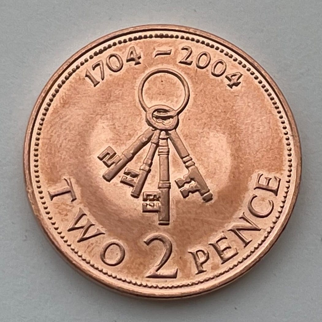Keys of Gibraltar 2 Pence Gibraltar Authentic Coin Money for Jewelry and Craft Making (British Empire) (Key Ring) 2004