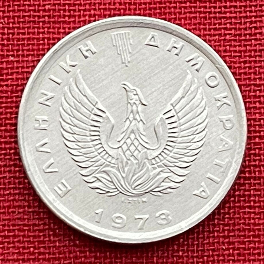 Dolphins with Trident of Poseidon & Phoenix Rising 10 Lepta Greece Authentic Coin Money for Jewelry (1973) (Regime of the Colonels)