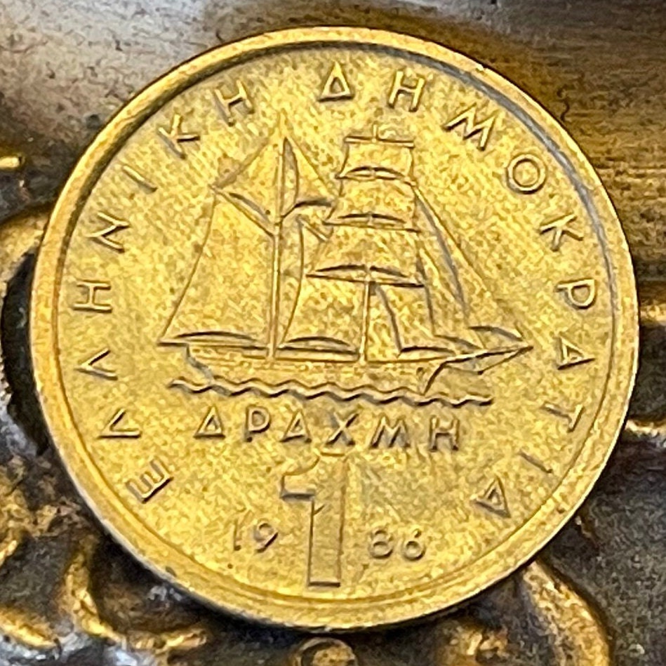 Corvette Warship & Admiral Konstantinos Kanaris 1 Drachma Greece Authentic Coin Money for Jewelry (Greek Independence) Freedom Fighter
