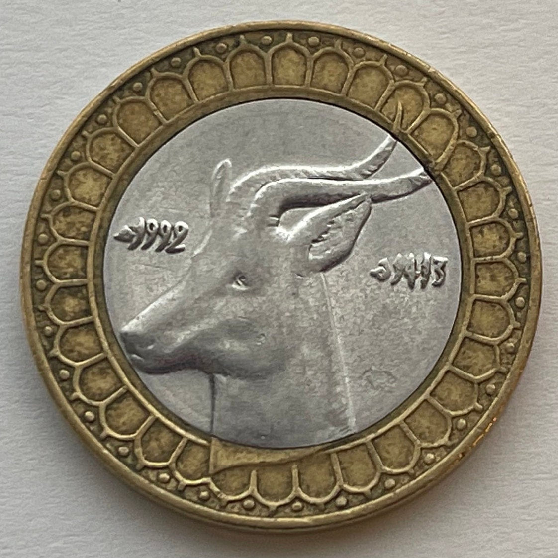Dama Gazelle 50 Dinars Algeria Authentic Coin Money for Jewelry and Craft Making (Addra Gazelle) or (Mhorr gazelle) (Ménas) (Bimetallic) VF