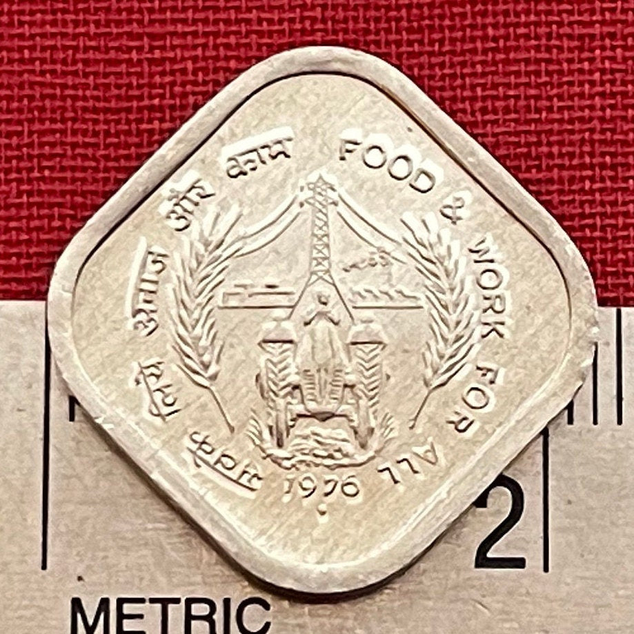 Tractor Farmer at Electric Pole & Ashoka Lion Capitol 5 Paise India Authentic Coin Money for Jewelry (Food Work) (1976) (Square Coin)