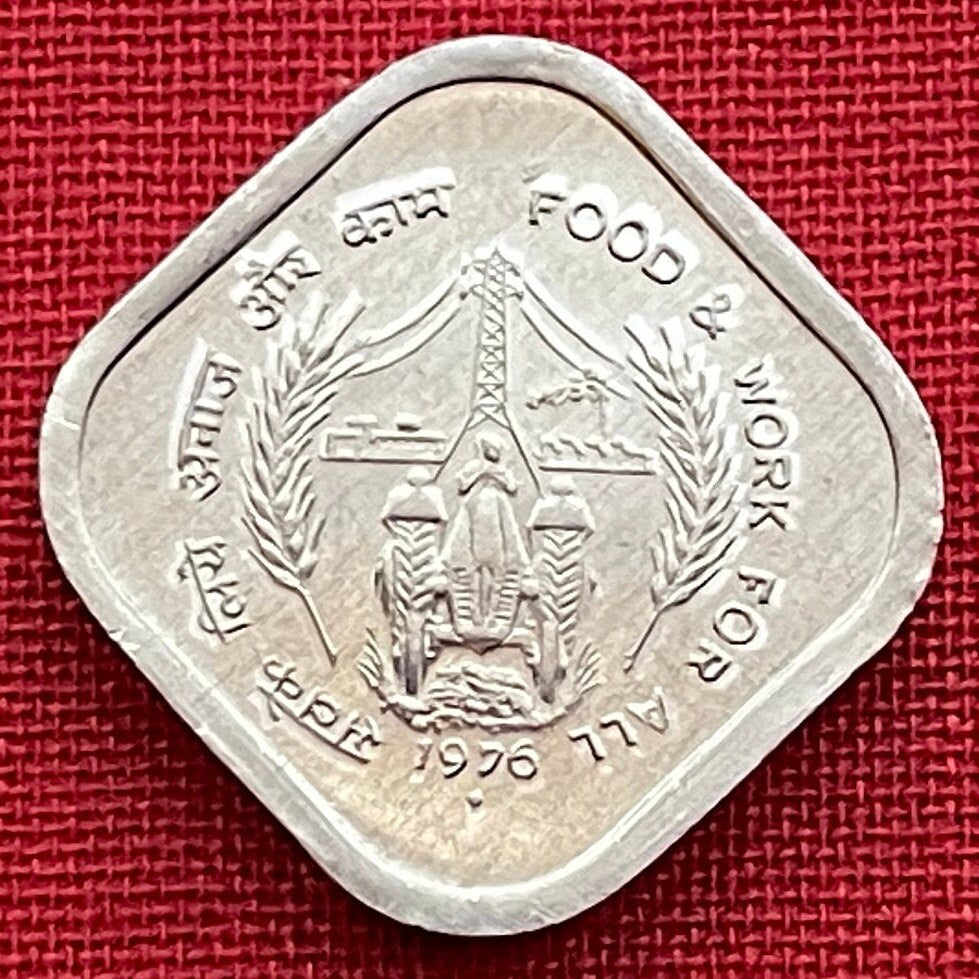 Tractor Farmer at Electric Pole & Ashoka Lion Capitol 5 Paise India Authentic Coin Money for Jewelry (Food Work) (1976) (Square Coin)