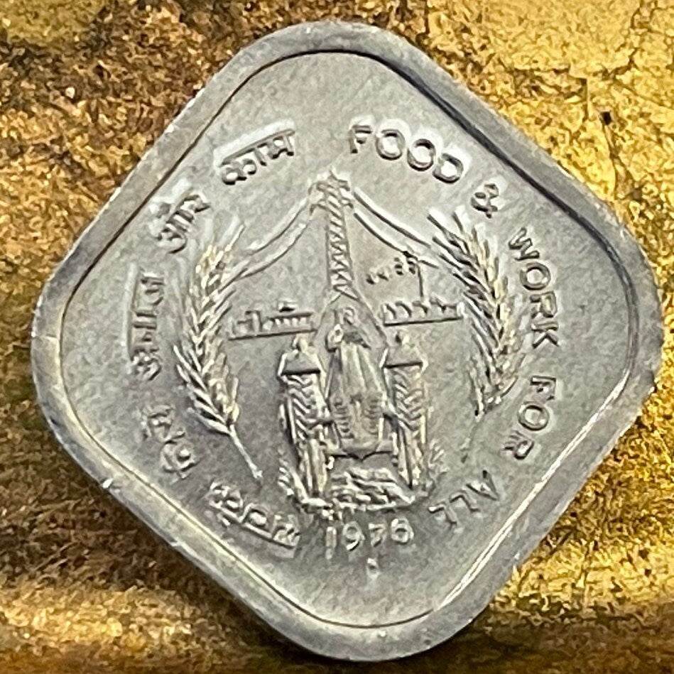 Tractor Farmer at Electric Pole & Ashoka Lion Capitol 5 Paise India Authentic Coin Money for Jewelry (Food Work) (1976) (Square Coin)
