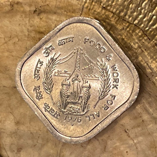 Tractor Farmer at Electric Pole & Ashoka Lion Capitol 5 Paise India Authentic Coin Money for Jewelry (Food Work) (1976) (Square Coin)