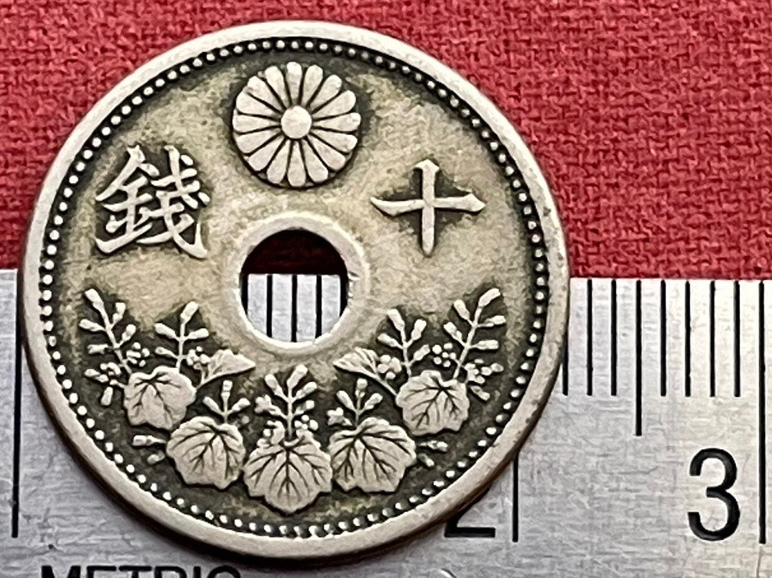 Princess Tree (Taisho Era) & Chrysanthemum 10 Sen Japan Authentic Coin Money for Jewelry and Craft Making (Hole in Coin) (Paulownia)