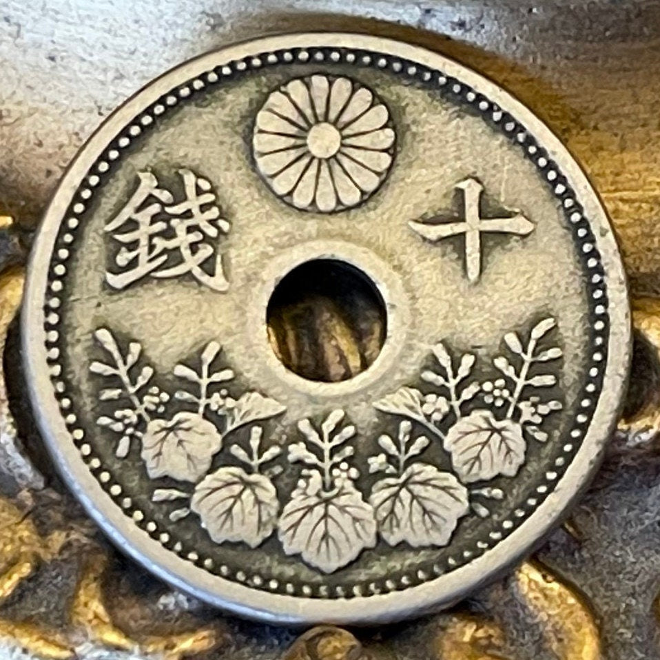 Princess Tree (Taisho Era) & Chrysanthemum 10 Sen Japan Authentic Coin Money for Jewelry and Craft Making (Hole in Coin) (Paulownia)