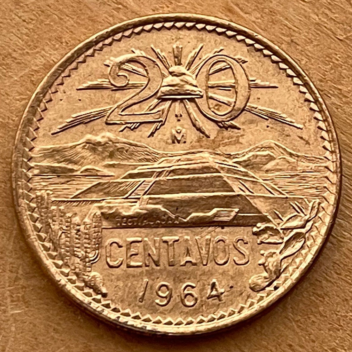 Teotihuacán Pyramid of Sun, Popocatépetl and Iztaccíhuatl Volcanoes & Eagle with Snake 20 Centavos Mexico Authentic Coin Money for Jewelry