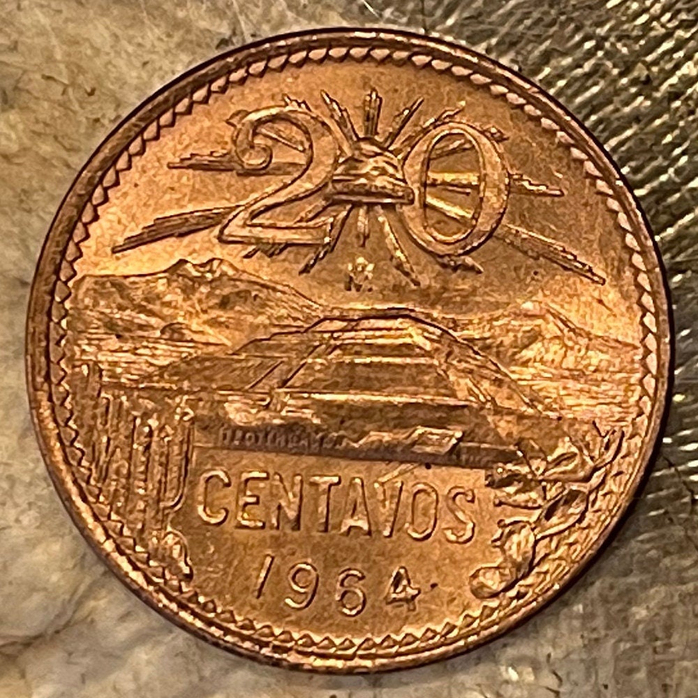 Teotihuacán Pyramid of Sun, Popocatépetl and Iztaccíhuatl Volcanoes & Eagle with Snake 20 Centavos Mexico Authentic Coin Money for Jewelry