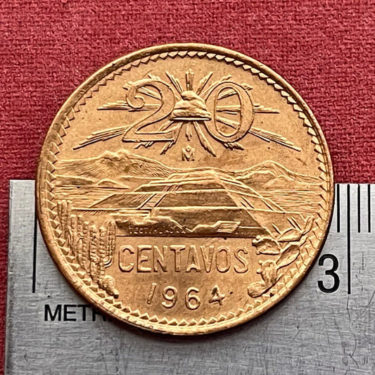 Teotihuacán Pyramid of Sun, Popocatépetl and Iztaccíhuatl Volcanoes & Eagle with Snake 20 Centavos Mexico Authentic Coin Money for Jewelry