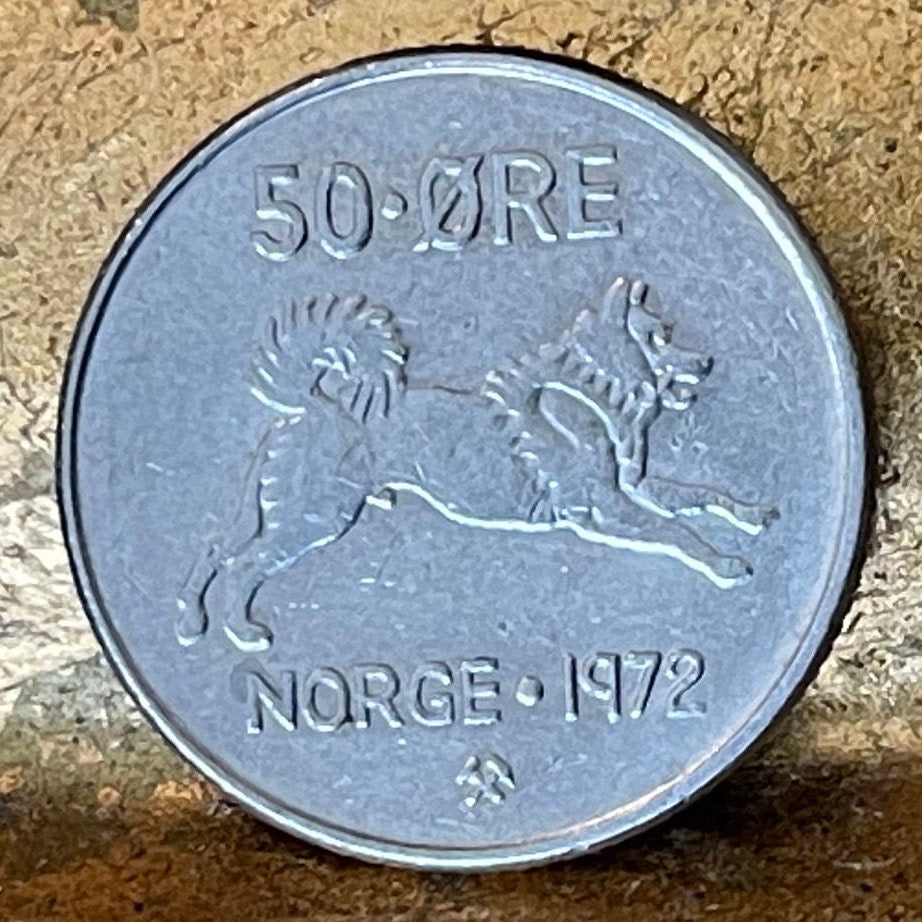 Norwegian Elkhound & King Olav V 50 ØRE Norway Authentic Coin Money for Jewelry and Craft Making (National Dog) (The People's King)