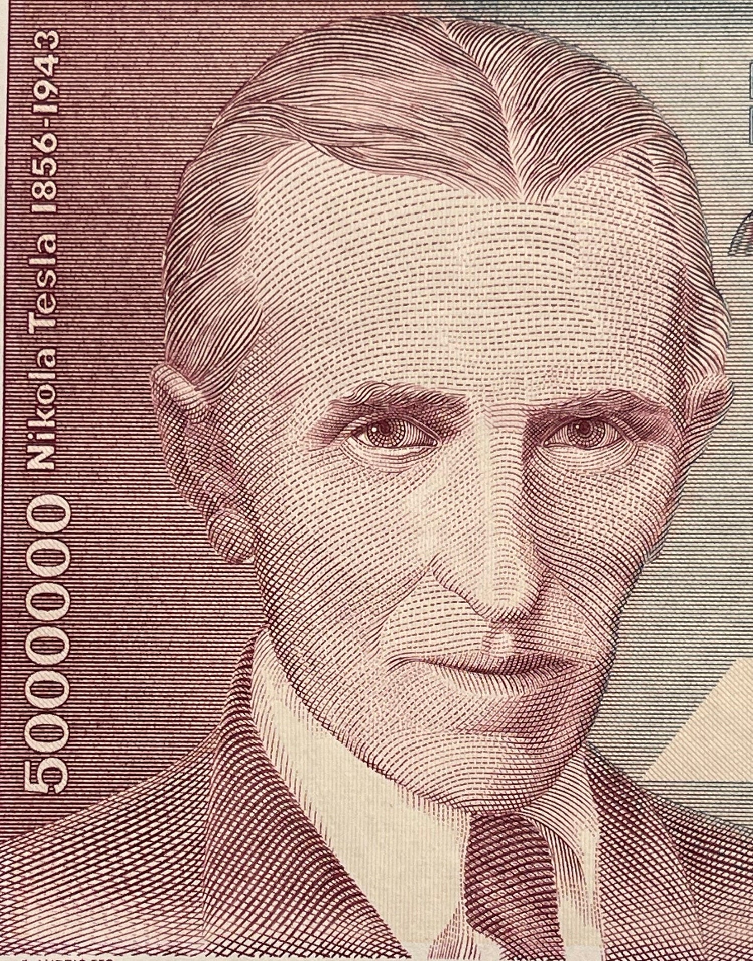 Genius Nikola Tesla & Tesla Coil with Hydropower Plant 5,000,000 Dinara Yugoslavia Authentic Banknote Money for Jewelry (1993) Five Million