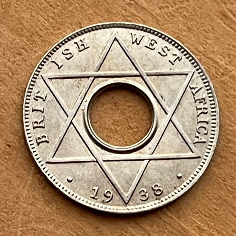 Hexagram Star & George VI Crown with Hole 1/10th Penny British West Africa Authentic Coin Money for Jewelry (King George VI) 6-Pointed Star
