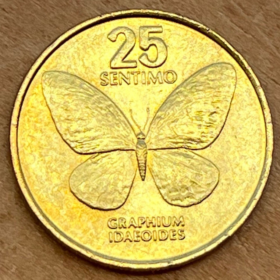 Revolutionary Artist Juan Luna & Swallowtail Butterfly 25 Sentimo Philippines Authentic Coin Money for Jewelry (Graphium Idaeoides)