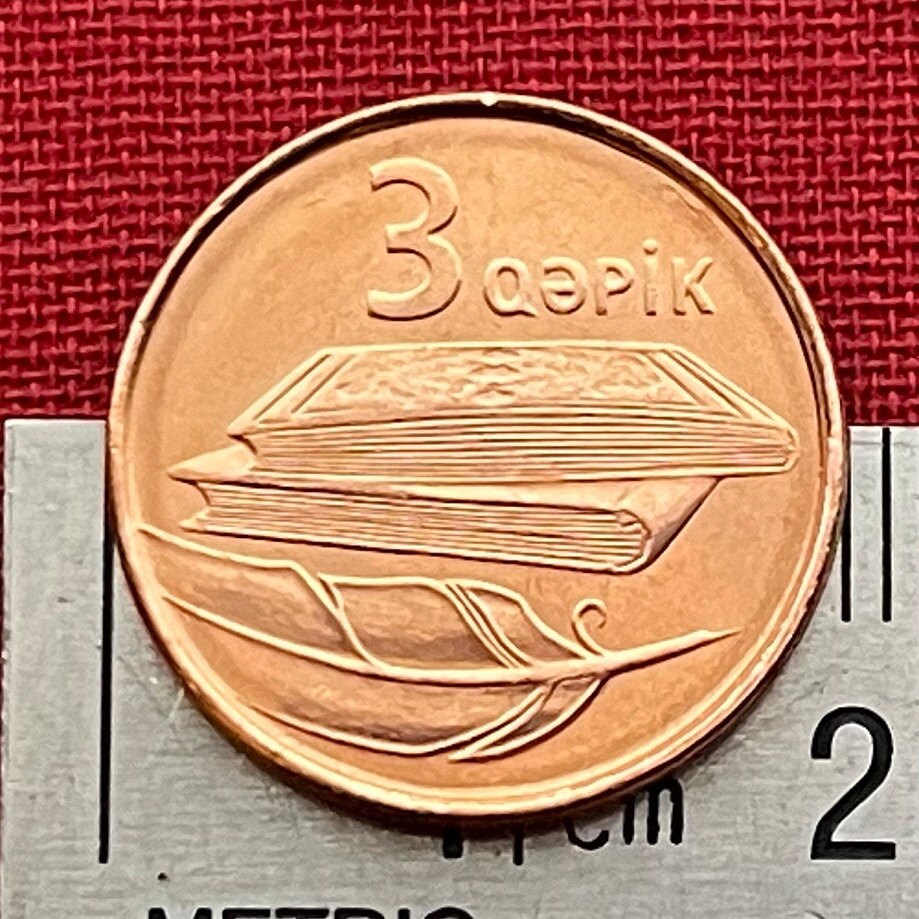 Books and Quill Pen 3 Qapik Azerbaijan Authentic Coin Money for Jewelry and Craft Making (Map of Azerbaijan)