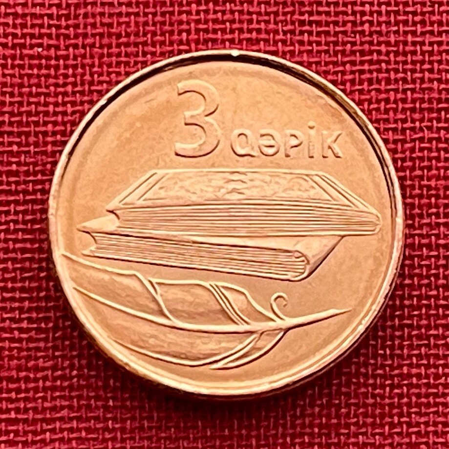 Books and Quill Pen 3 Qapik Azerbaijan Authentic Coin Money for Jewelry and Craft Making (Map of Azerbaijan)