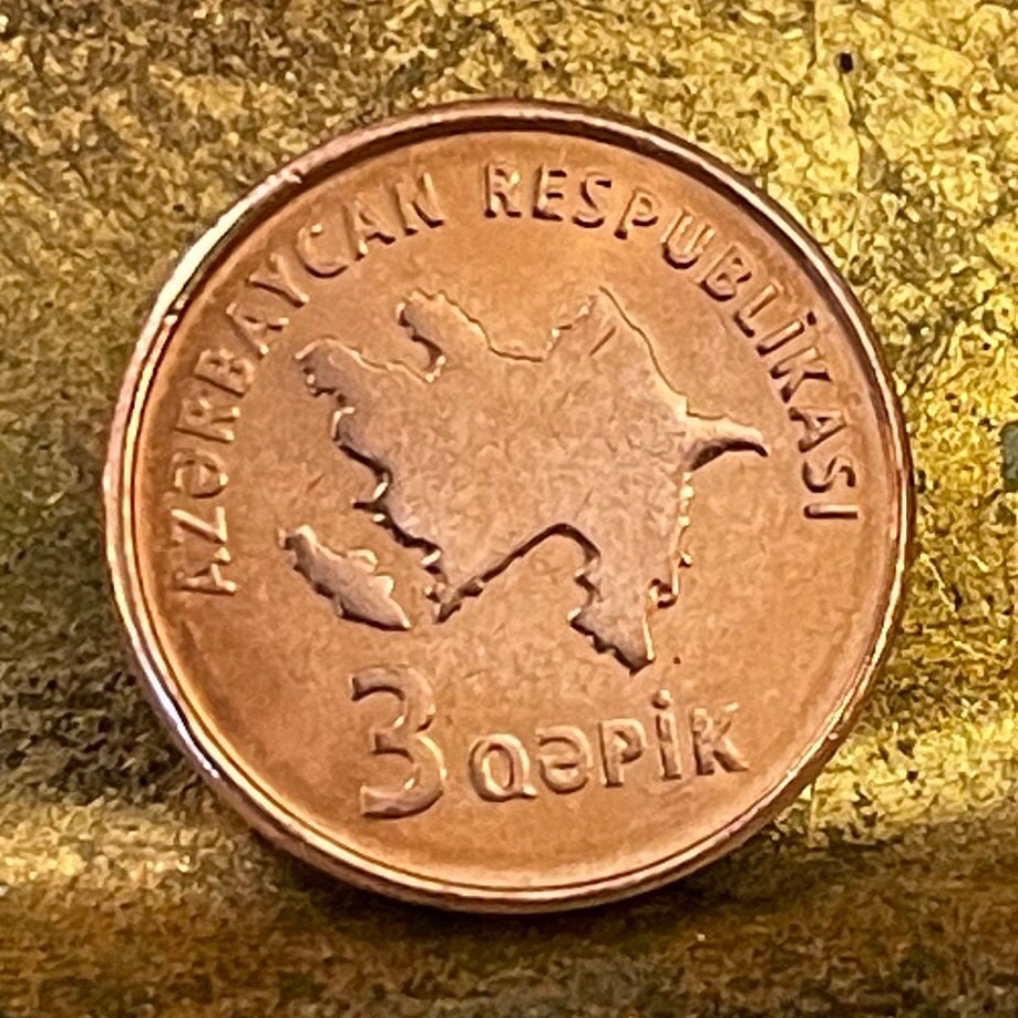 Books and Quill Pen 3 Qapik Azerbaijan Authentic Coin Money for Jewelry and Craft Making (Map of Azerbaijan)