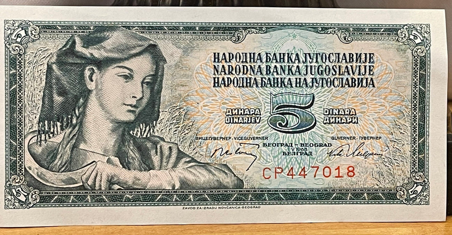 Scythe Woman 5 Dinara Yugoslavia Authentic Banknote Money for Jewelry and Craft Making (Farmer with Sickle) (1968)