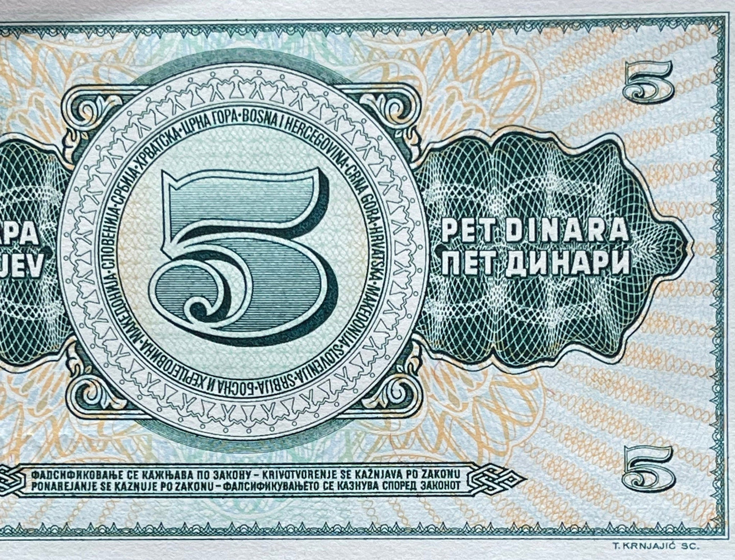 Scythe Woman 5 Dinara Yugoslavia Authentic Banknote Money for Jewelry and Craft Making (Farmer with Sickle) (1968)