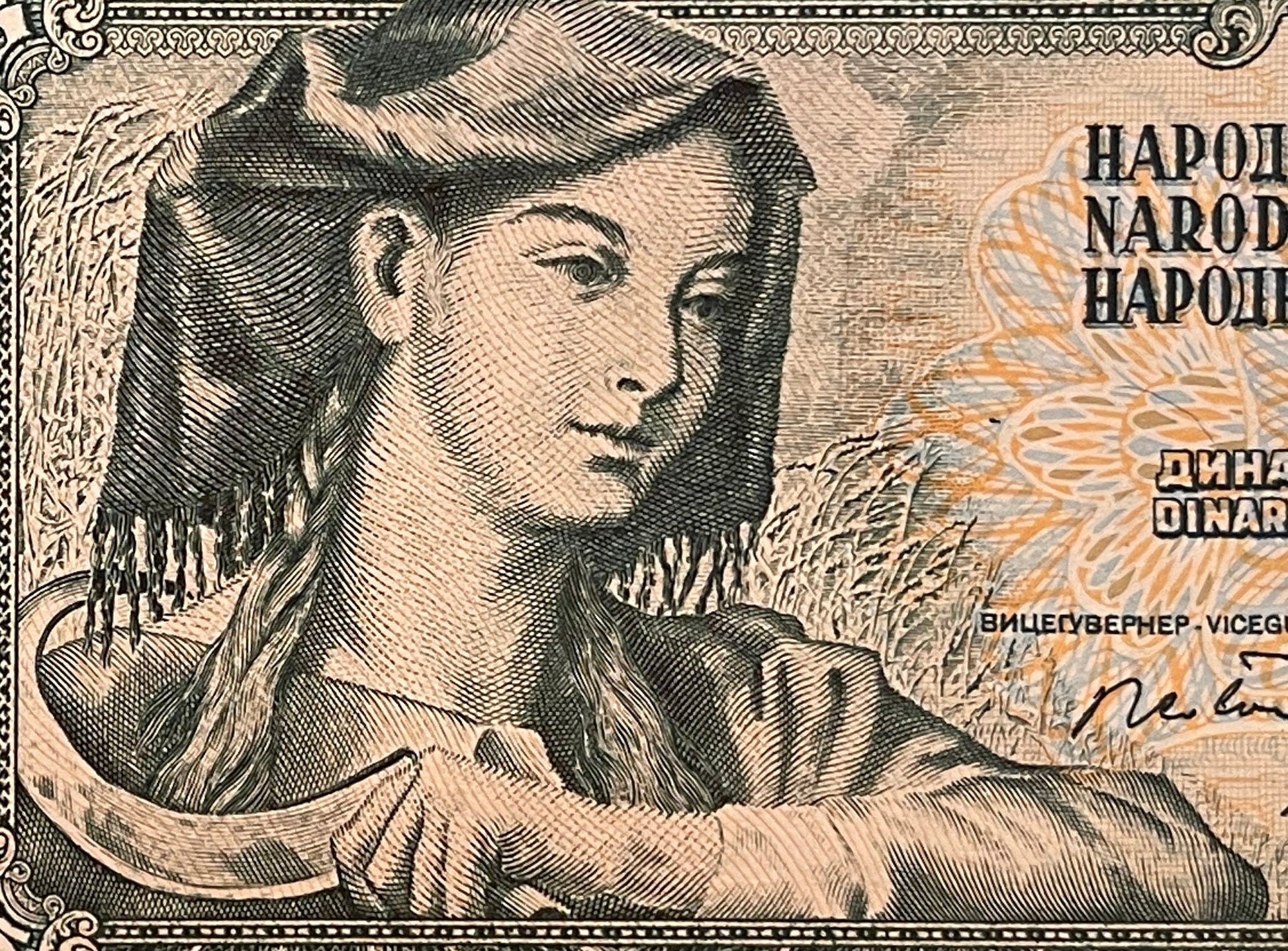 Scythe Woman 5 Dinara Yugoslavia Authentic Banknote Money for Jewelry and Craft Making (Farmer with Sickle) (1968)
