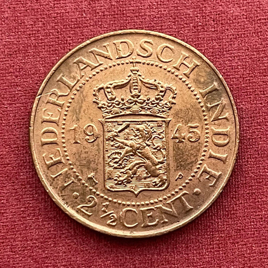 Lion with Sword and Arrows 2 1/2 Cents Netherlands Indies Authentic Coin Money for Jewelry (Dutch East Indies) 1945 (CONDITION: EXTRA FINE)