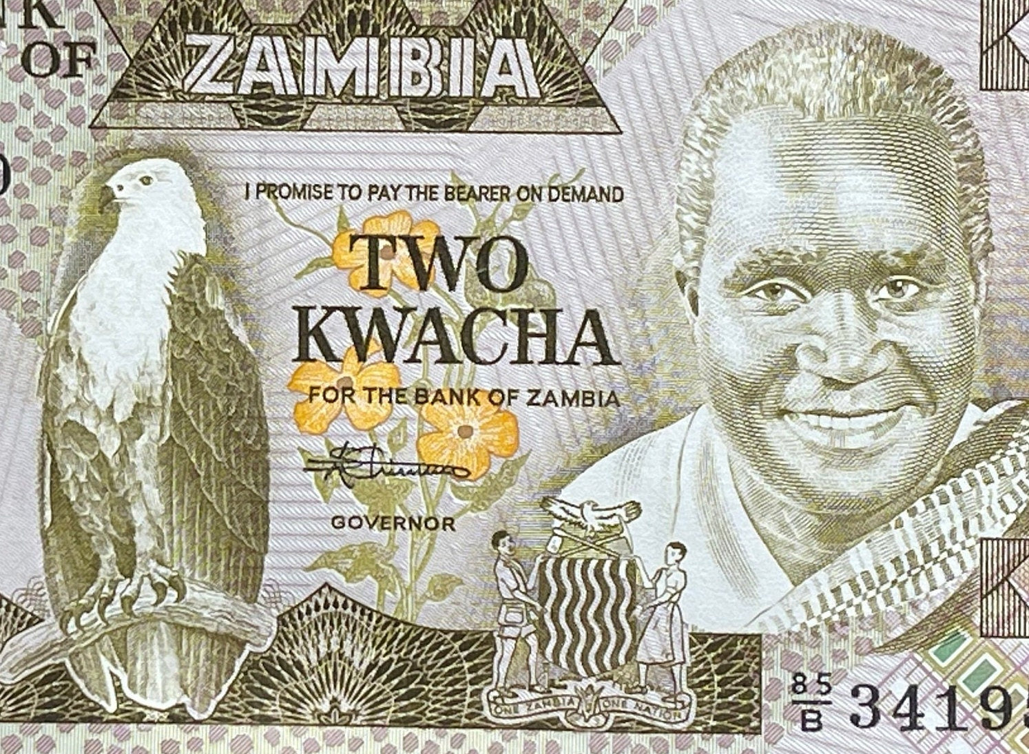 President Kenneth Kaunda and African Eagle & Teacher with Student 2 Kwacha Zambia Authentic Banknote Money for Jewelry and Collage (Kwanzaa)