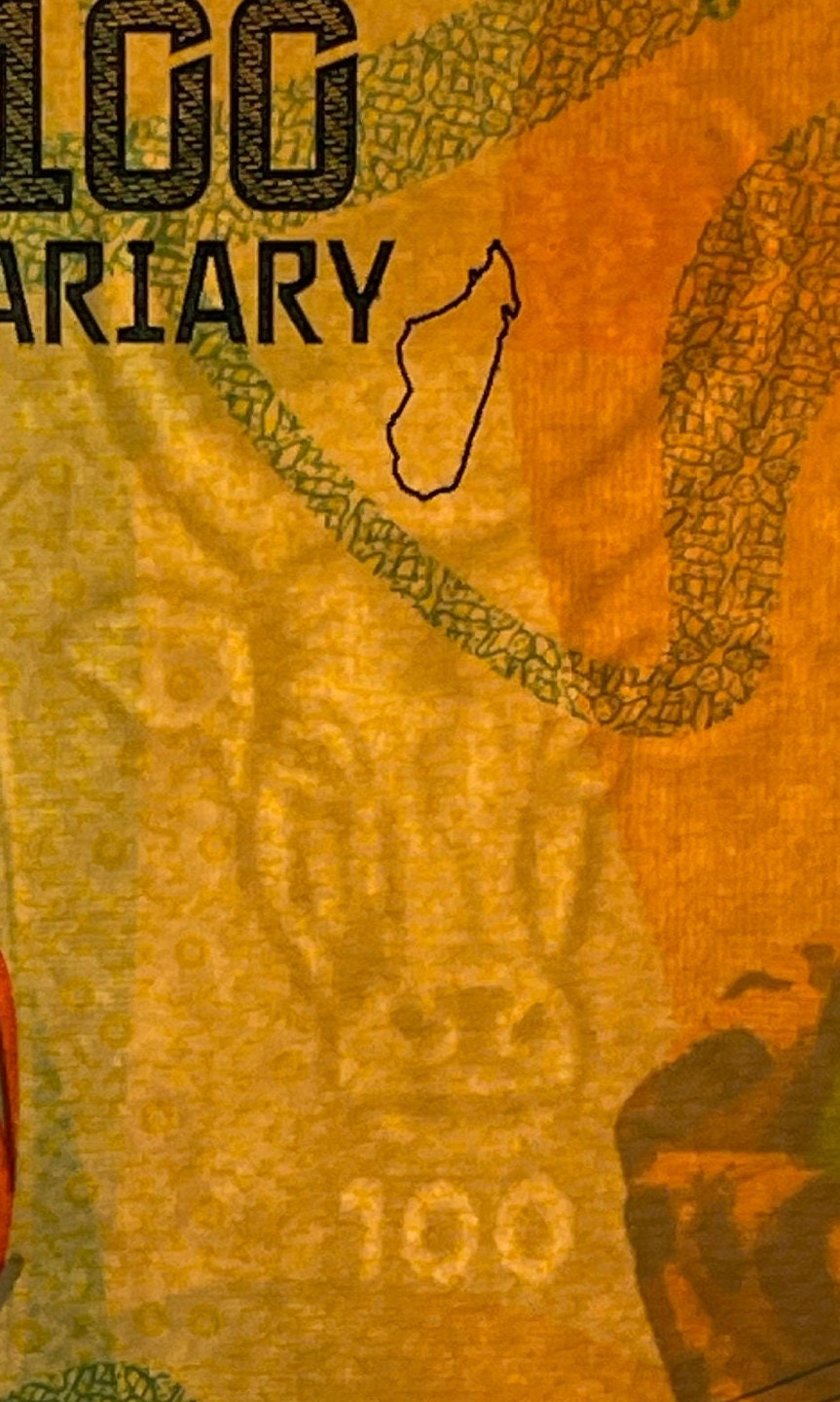 Madagascar Poison Frog & Ambozontany Cathedral 100 Ariary Authentic Banknote Money for Jewelry and Collage (2017) (Zebu) (Fianarantsoa)