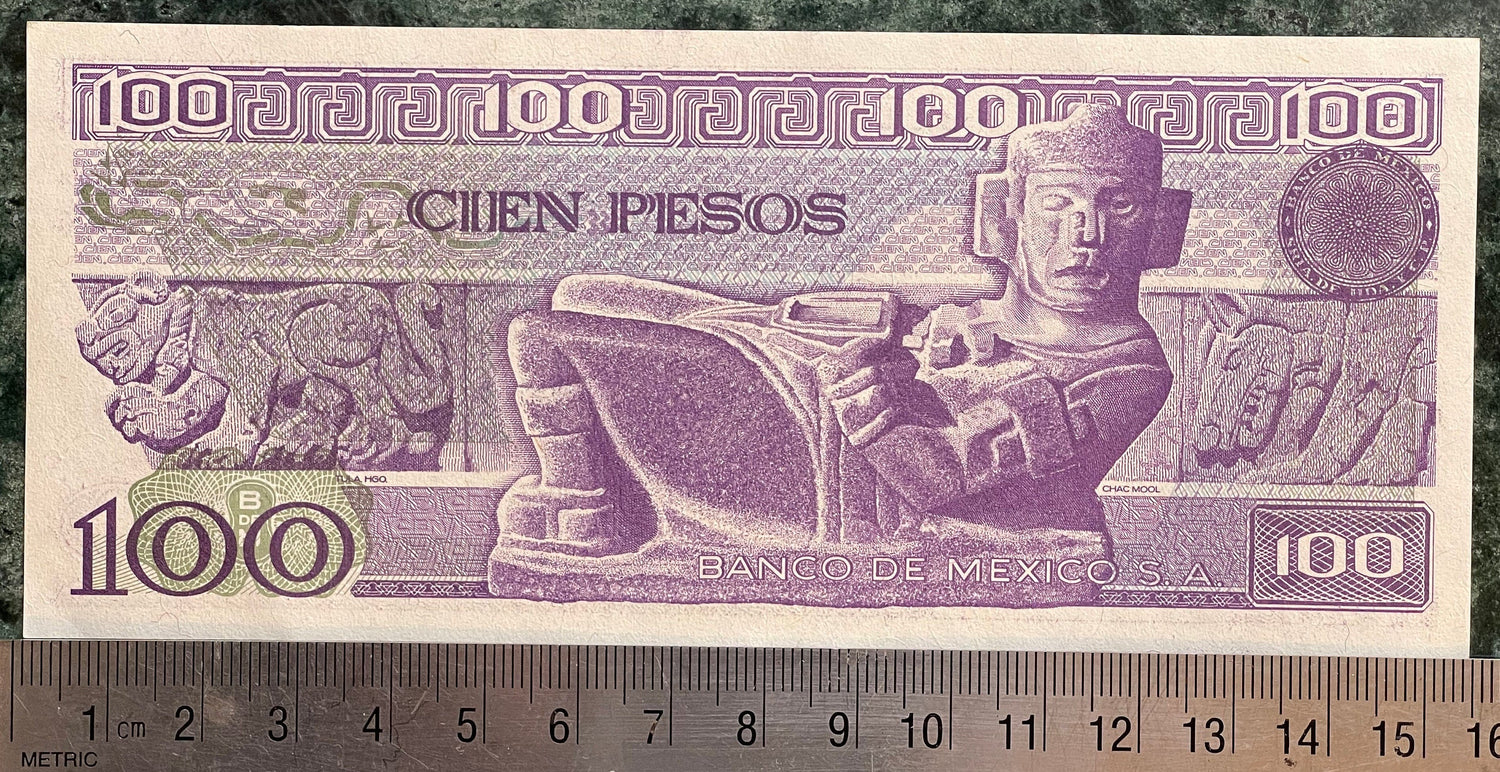 Chacmool & "The Trench" Mural 100 Pesos Mexico Authentic Banknote Money for Jewelry and Collage (Venustiano Carranza) (La Trinchera) (Maya)