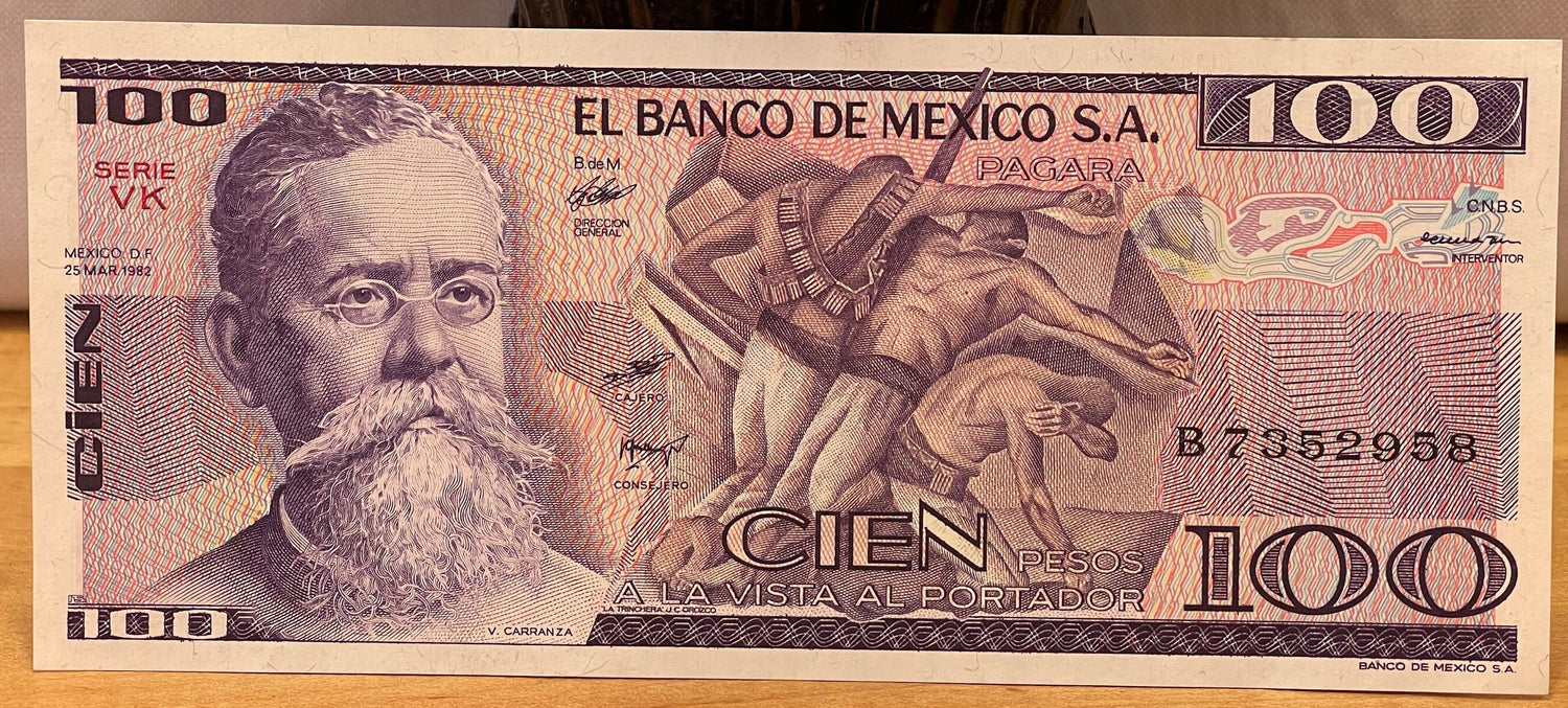 Chacmool & "The Trench" Mural 100 Pesos Mexico Authentic Banknote Money for Jewelry and Collage (Venustiano Carranza) (La Trinchera) (Maya)