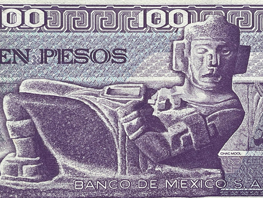 Chacmool & "The Trench" Mural 100 Pesos Mexico Authentic Banknote Money for Jewelry and Collage (Venustiano Carranza) (La Trinchera) (Maya)