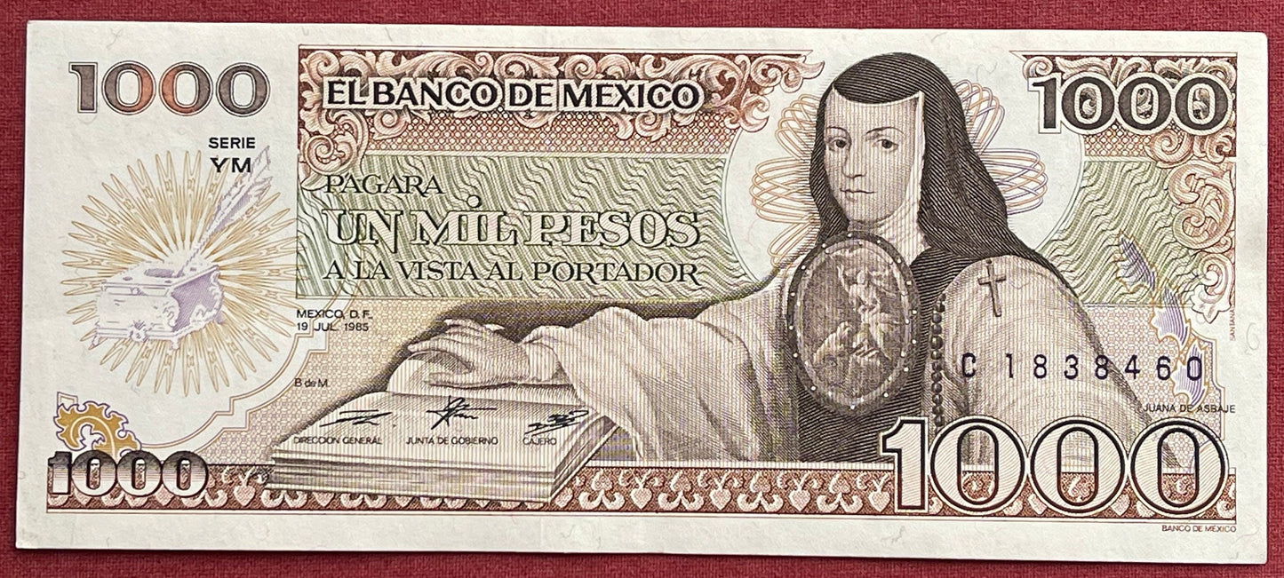 Poet Sor Juana Inés de la Cruz & Church of Santo Domingo 1000 Pesos Mexico Authentic Banknote Money for Jewelry and Collage (Tenth Muse)