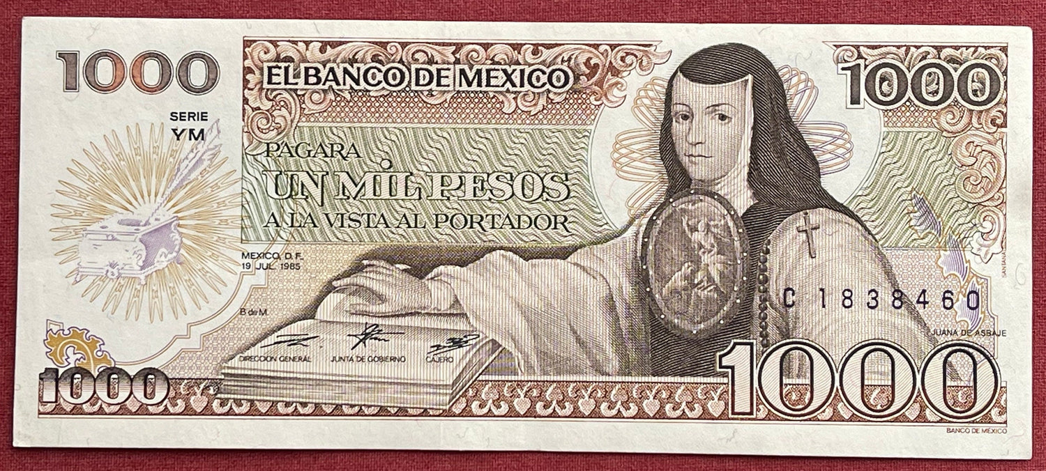 Poet Sor Juana Inés de la Cruz & Church of Santo Domingo 1000 Pesos Mexico Authentic Banknote Money for Jewelry and Collage (Tenth Muse)