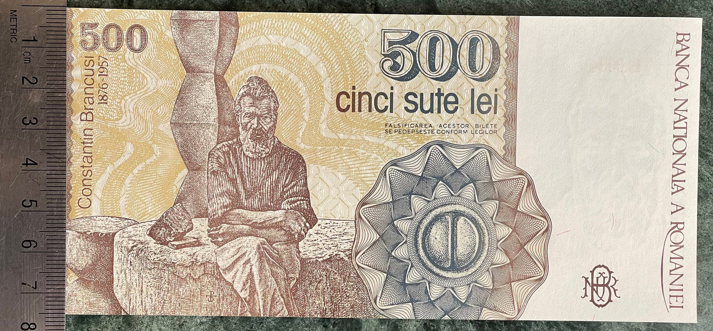 Sculptor Constantin Brâncuși & Endless Column 500 Lei Romania Authentic Banknote Money for Jewelry and Collage (1991)