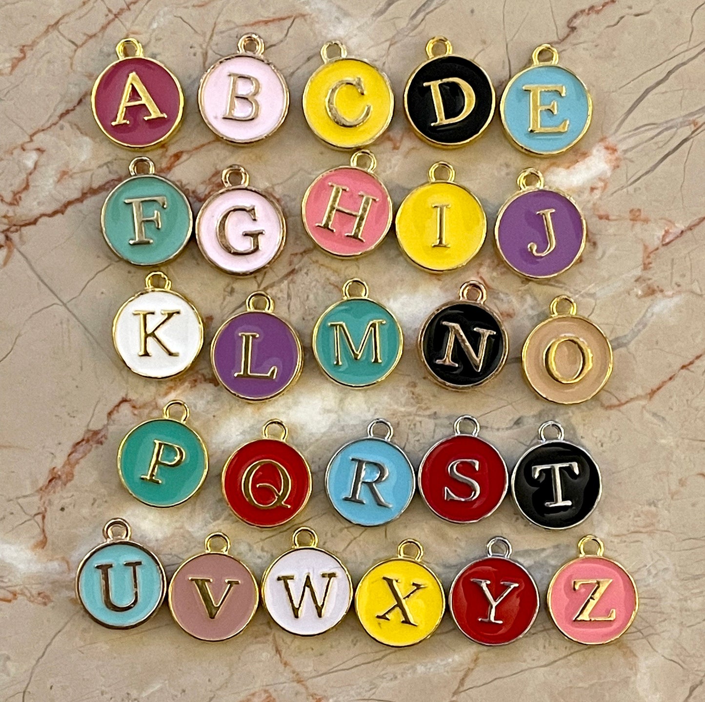 Letter charms–choose black, white, blue, pink, red, yellow, purple or green. Spell name, initials (double sided enamel alphabet jewelry)