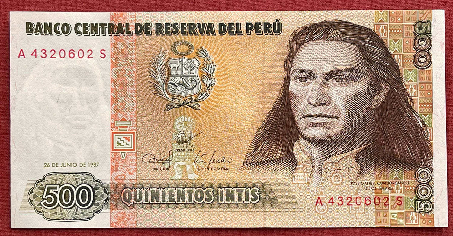 Revolutionary Tupac Amaru II & Huascarán Twin Peaks 500 Intis Peru Authentic Banknote Money for Jewelry and Collage (Mountaineer) (Mataraju)