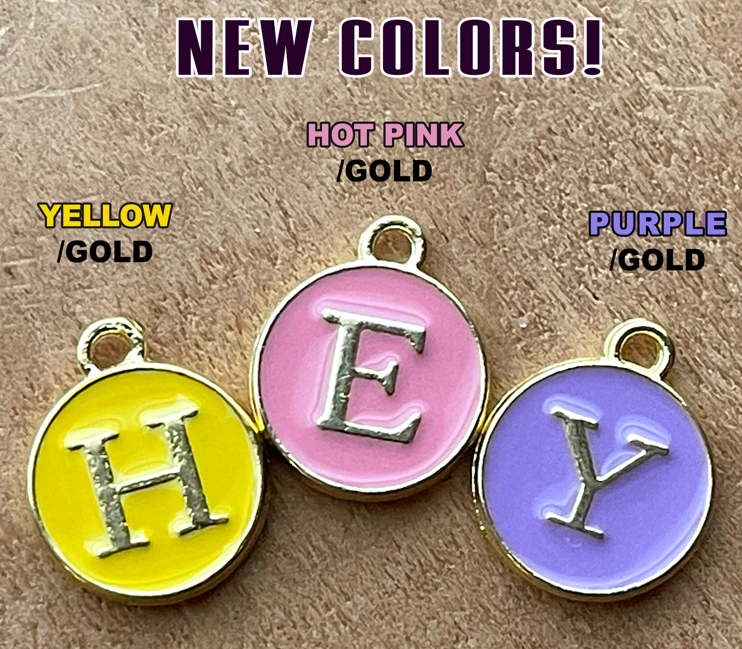 Letter charms–choose black, white, blue, pink, red, yellow, purple or green. Spell name, initials (double sided enamel alphabet jewelry)