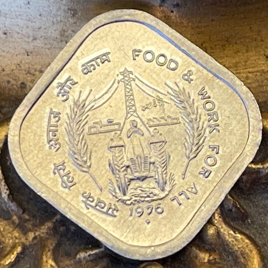 Tractor Farmer at Electric Pole & Ashoka Lion Capitol 5 Paise India Authentic Coin Money for Jewelry (Food Work) (1976) (Square Coin)