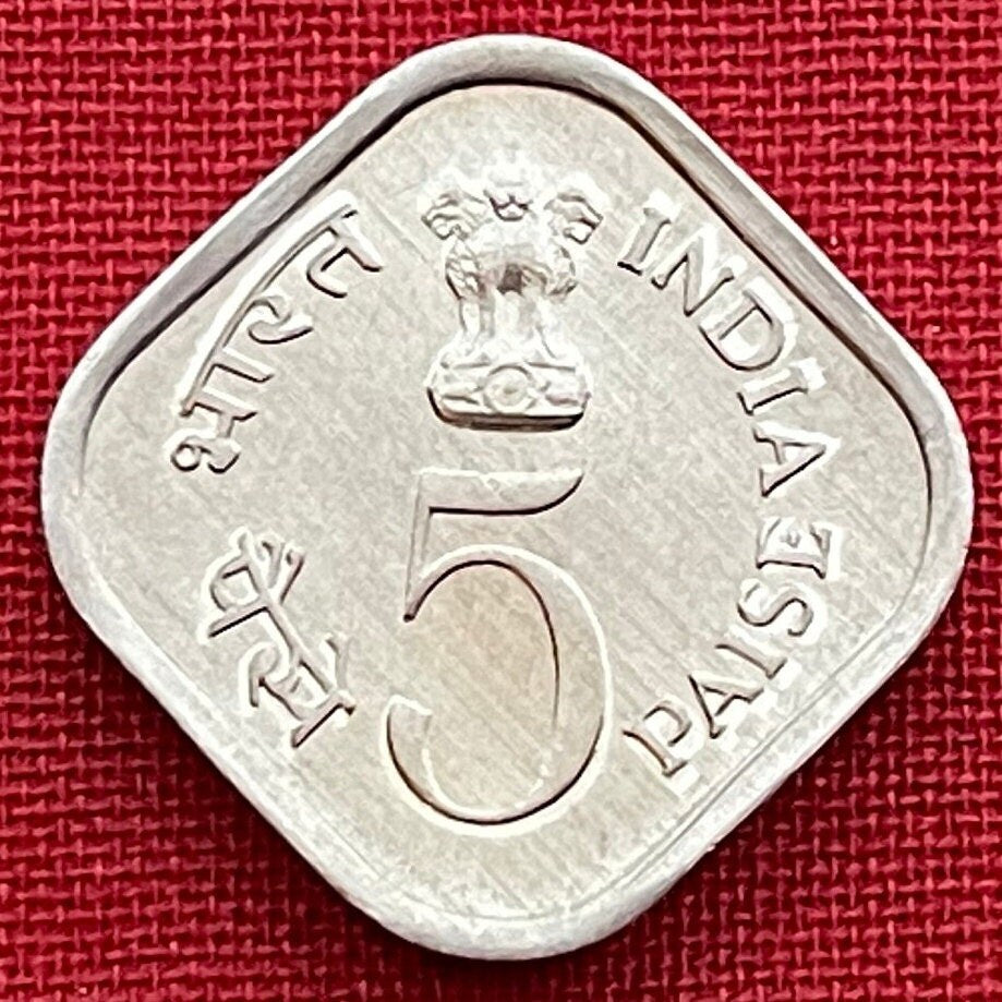Tractor Farmer at Electric Pole & Ashoka Lion Capitol 5 Paise India Authentic Coin Money for Jewelry (Food Work) (1976) (Square Coin)